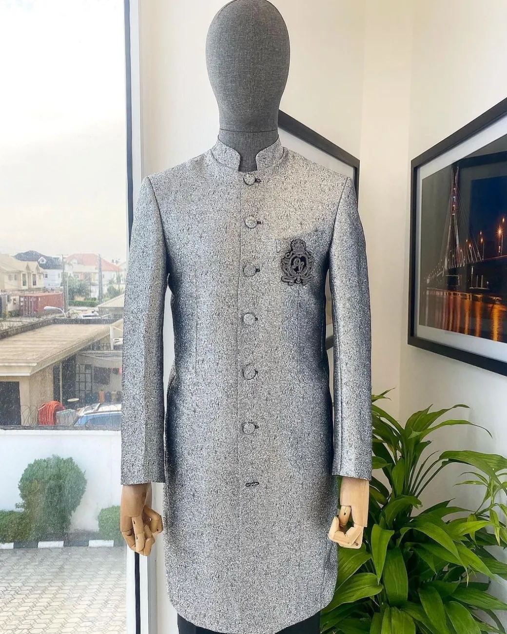 A Dispersed Silver & black metallic jacquard reloaded “Namaste” Indian Sherwani Traditional wedding safari suit.