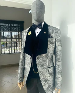 A dispersed silver and black pattern jacquard shawl lapel tuxedo suit