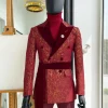 A Double Breasted, Splash of Barn Red and Gold, Dispersed Pattern Soaked Velvet Peak Lapel “Smoking” Tuxedo Suit.