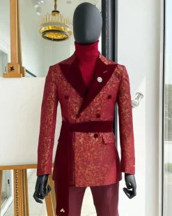 A Double Breasted, Splash of Barn Red and Gold, Dispersed Pattern Soaked Velvet Peak Lapel “Smoking” Tuxedo Suit.