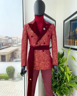 A Double Breasted, Splash of Barn Red and Gold, Dispersed Pattern Soaked Velvet Peak Lapel “Smoking” Tuxedo Suit.