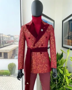 A Double Breasted, Splash of Barn Red and Gold, Dispersed Pattern Soaked Velvet Peak Lapel “Smoking” Tuxedo Suit.
