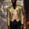 A Flora Champagne Gold Hand Knitted front open jacquard wedding tuxedo blazer suit