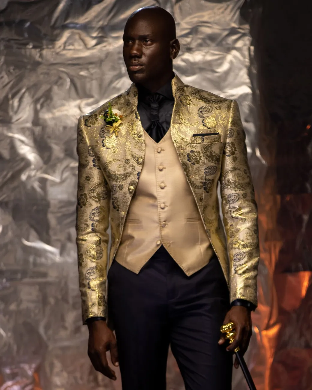 A Flora Champagne Gold Hand Knitted front open jacquard wedding tuxedo blazer suit