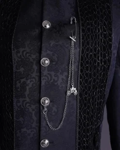 A floral midnight blue “wakanda” with L metallic embroidery, trench jacquard safari suit
