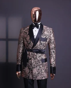 A Floral splashed pink metallic jacquard, shawl lapel wrap tuxedo suit