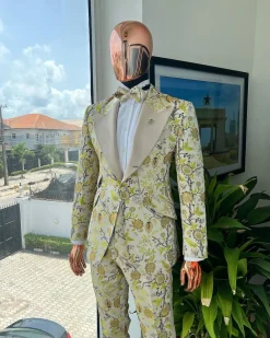 A Floral splashed yellow, mocha and cedar brown, knitted, peak lapel tuxedo suit
