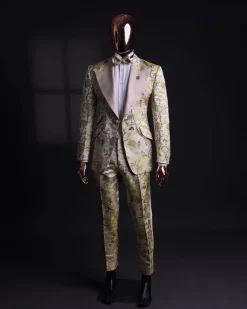 A Floral splashed yellow, mocha and cedar brown, knitted, peak lapel tuxedo suit
