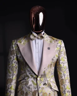 A Floral splashed yellow, mocha and cedar brown, knitted, peak lapel tuxedo suit