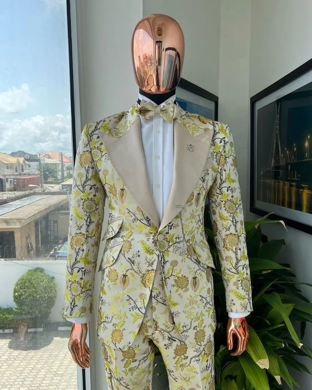 A Floral splashed yellow, mocha and cedar brown, knitted, peak lapel tuxedo suit