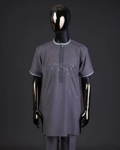 A Fossil grey front flap with crystal Swarovski button, world map embroidery detailing kaftan, and Sokoto