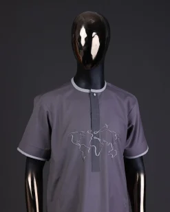 A Fossil grey front flap with crystal Swarovski button, world map embroidery detailing kaftan, and Sokoto