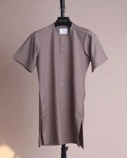 A fossil grey, return front flap with clear view Swarovski button details, short sleeve African senator kaftan native.