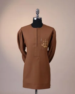 A Gingerbread brown, wide double-lane flap, and embroidery detailing African senator Kaftan native.