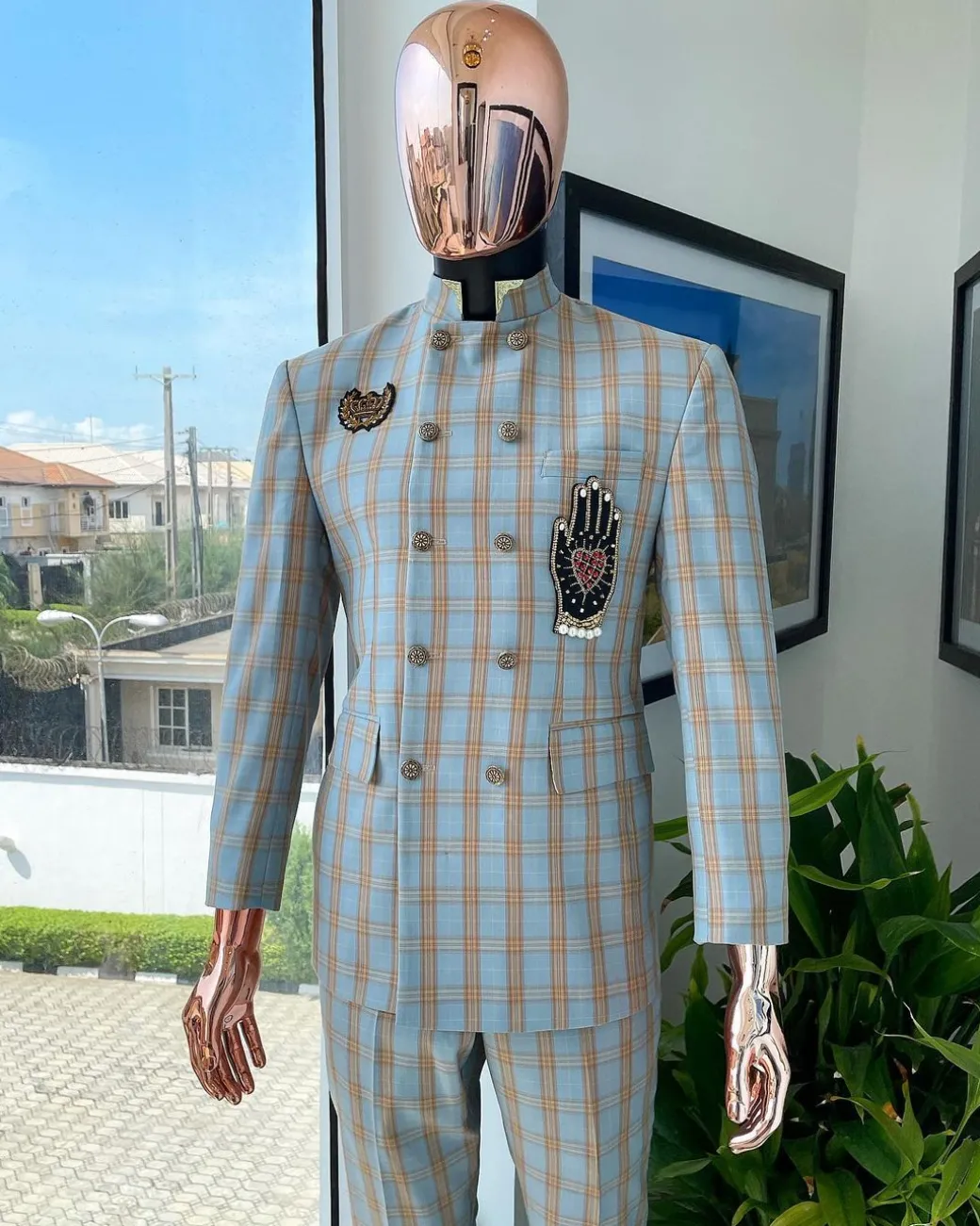 A glen check Arctic blue and honey orange “preacher” double breasted safari suit