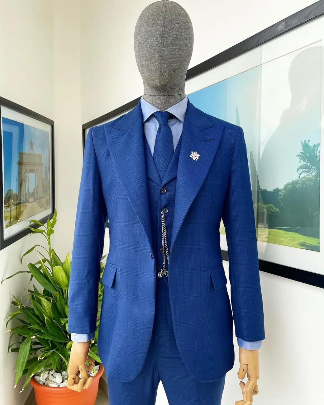 A glen plaid check, lapis blue – nobility – “Board Room” peak lapel suit