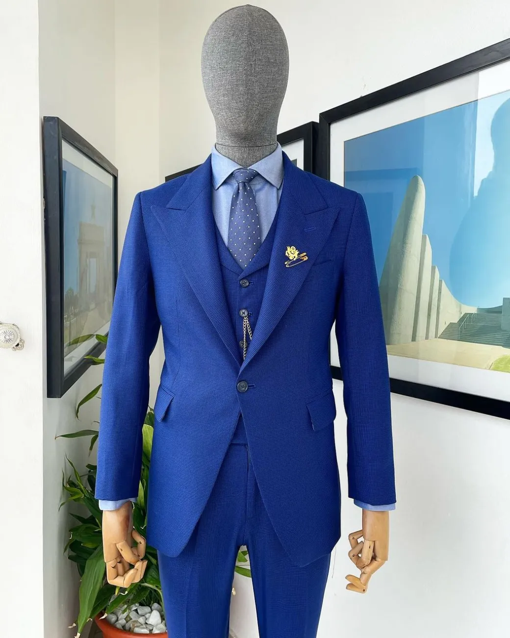 A glen plaid check, lapis blue – nobility – “Board Room” peak lapel suit