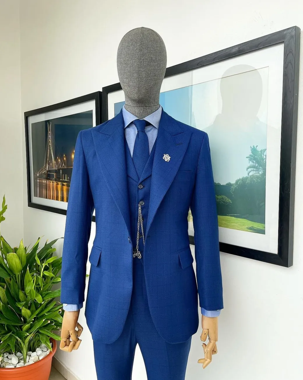 A glen plaid check, lapis blue – nobility – “Board Room” peak lapel suit