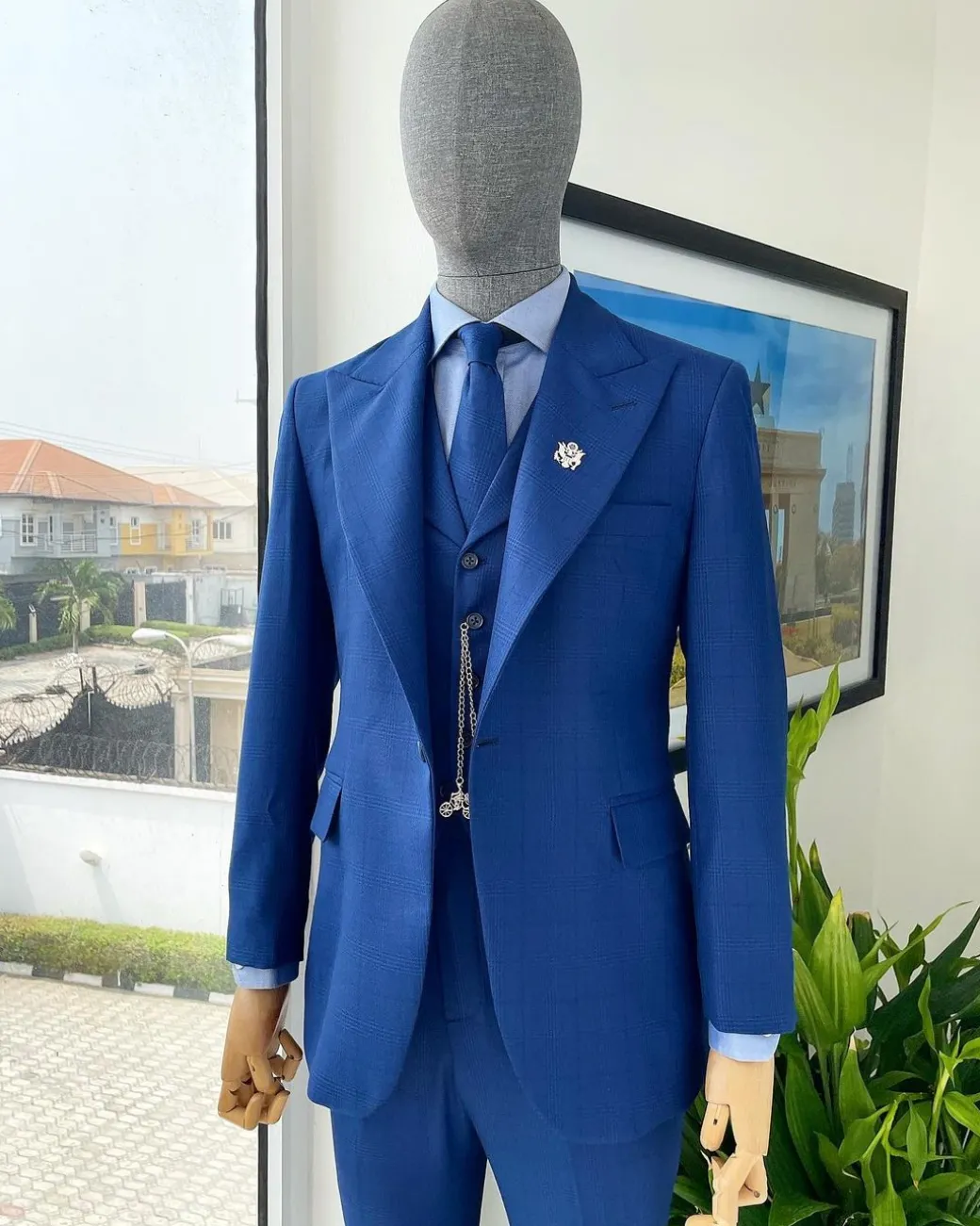A glen plaid check, lapis blue – nobility – “Board Room” peak lapel suit
