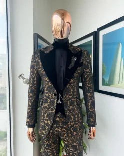 A Gold and black mandarin metallic floral jacquard, peak lapel tuxedo suit.