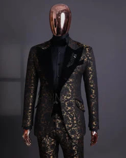 A Gold and black mandarin metallic floral jacquard, peak lapel tuxedo suit.