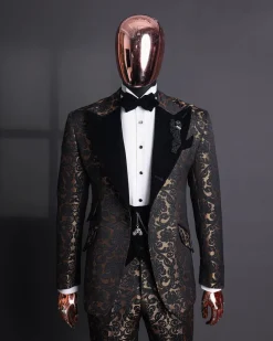 A Gold and black mandarin metallic floral jacquard, peak lapel tuxedo suit