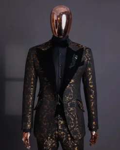 A Gold and black mandarin metallic floral jacquard, peak lapel tuxedo suit.