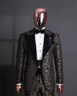 A Gold and black mandarin metallic floral jacquard, peak lapel tuxedo suit