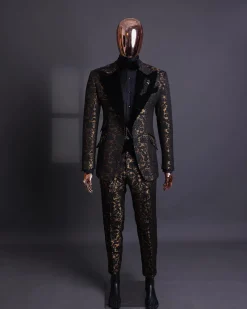 A Gold and black mandarin metallic floral jacquard, peak lapel tuxedo suit.