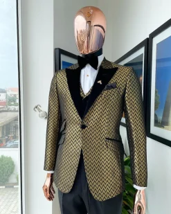 A Gold And Black Zig-Zag Pattern Tuxedo Suit