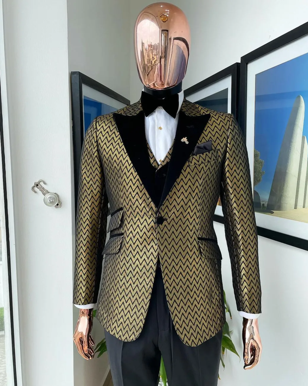 A Gold And Black Zig-Zag Pattern Tuxedo Suit