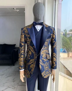 A Gold And Blue “Mandarin” Jacquard Floral Peak Lapel Tuxedo Suit