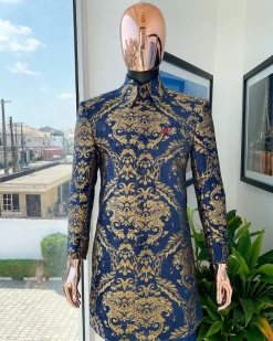 A Gold and blue “Mandarin” jacquard floral safari suit