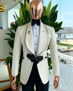 A Gold And ivory “Mandarin” invisible Pattern Ivory white shawl lapel jacquard Suit