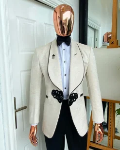 A Gold And ivory “Mandarin” invisible Pattern Ivory white shawl lapel jacquard Suit