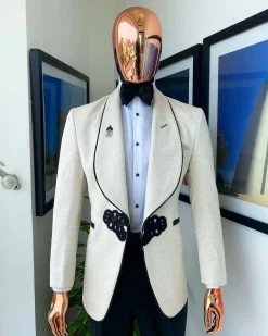 A Gold And ivory “Mandarin” invisible Pattern Ivory white shawl lapel jacquard Suit