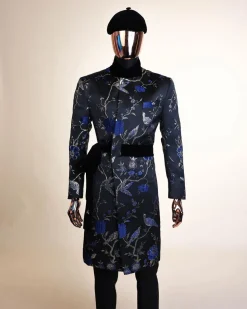 A Gold, black and blue double breasted safari suit, raven and forest metallic pattern jacquard