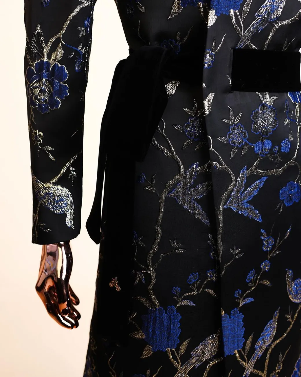 A Gold, black and blue double breasted safari suit, raven and forest metallic pattern jacquard