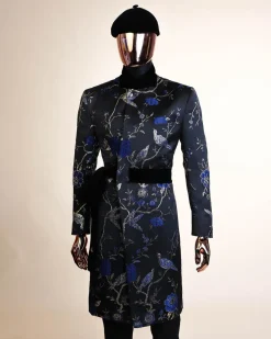 A Gold, black and blue double breasted safari suit, raven and forest metallic pattern jacquard