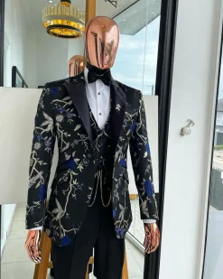 A Gold, black, and blue peak lapel, raven, and forest metallic pattern jacquard Suit