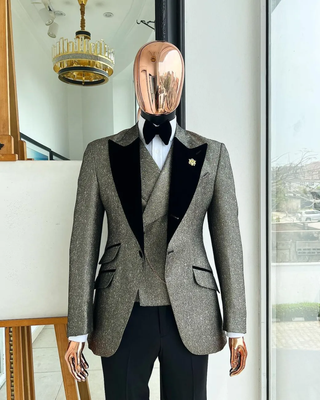 A Gold, Black And Silver Mix Metallic Jacquard, Peak Lapel Tuxedo Suit.