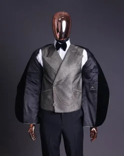A Gold, Black And Silver Mix Metallic Jacquard, Peak Lapel Tuxedo Suit.