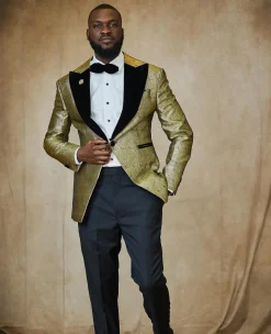 A gold metallic jacquard peak lapel tuxedo suit