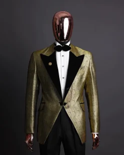 A gold metallic jacquard peak lapel tuxedo suit