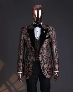 A Gold, peach & black mix metallic jacquard, peak lapel tuxedo suit