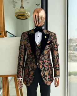 A Gold, peach & black mix metallic jacquard, peak lapel tuxedo suit