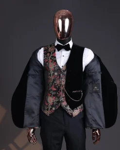 A Gold, peach & black mix metallic jacquard, peak lapel tuxedo suit