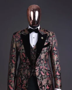A Gold, peach & black mix metallic jacquard, peak lapel tuxedo suit