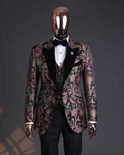 A Gold, peach & black mix metallic jacquard, peak lapel tuxedo suit