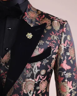 A Gold, peach and black mix metallic jacquard, peak lapel tuxedo suit